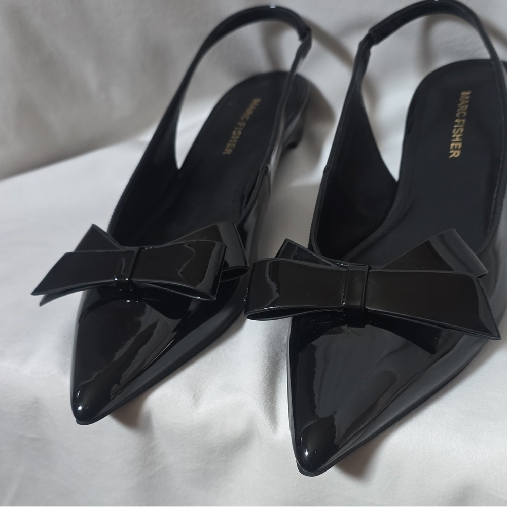 NWOT Marc Fisher Black Patent Leather Bow Pointed Toe Slingback Heels 9M - Picture 3 of 14